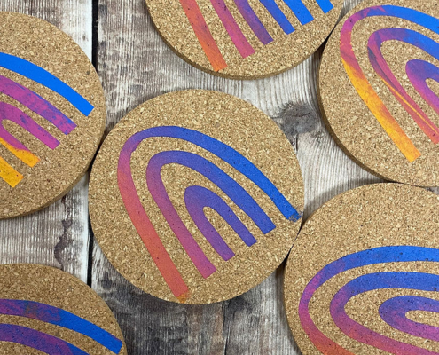Rainbow Screen Printed Coasters, flat lay